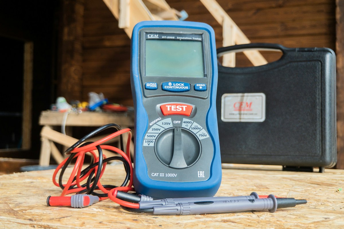 Insulation tester with test leads and case, used for EICR inspections